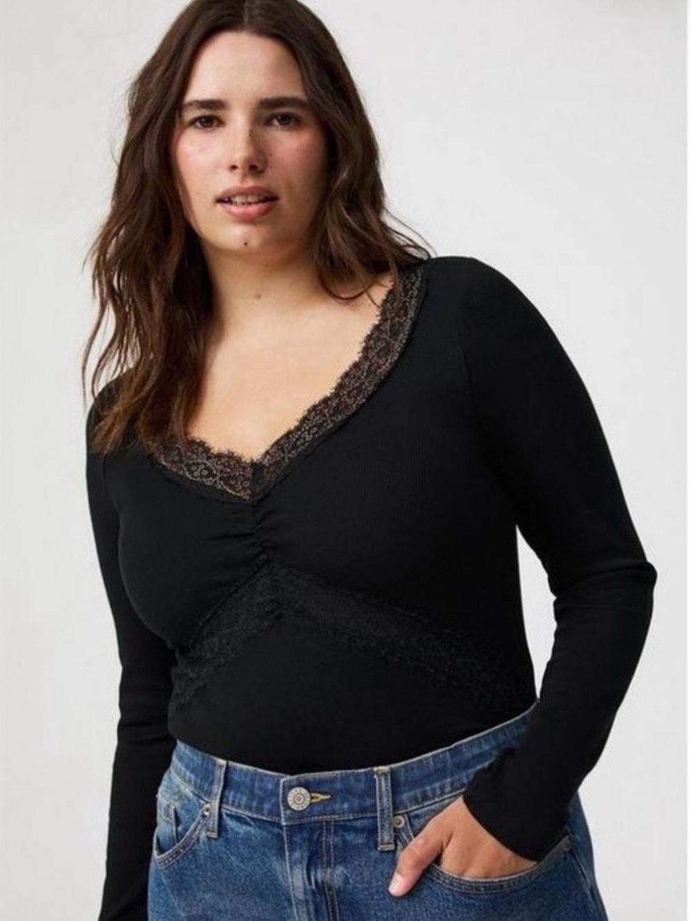 torrid Black Long-Sleeve V-Neck Lace Trim Top